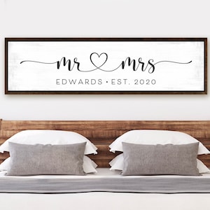 Custom Mr & Mrs Sign with Last Name for His and Hers Canvas Wall Art, Newlywed Marriage Est Date Gifts, Master Bedroom Above Bed Decor