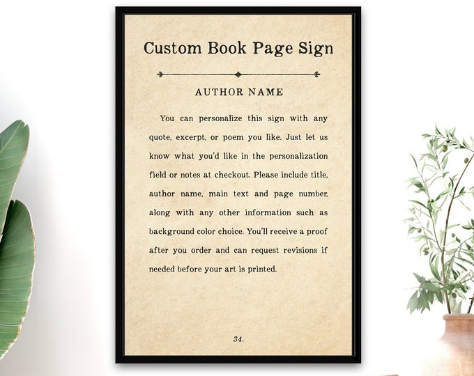 Custom Book Page Sign, Book Page Wall Art, Personalize Book Quote, Author Quotes, Customizable Book Page, Book Page Print, Custom Book Quote