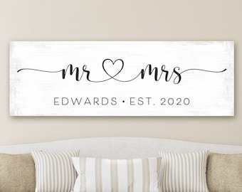 Custom Mr and Mrs Canvas Sign | His and Hers Wall Art | Mr & Mrs Above Bed for Bedroom | Marriage | Newlyweds | Est Date 2019 2020 2021