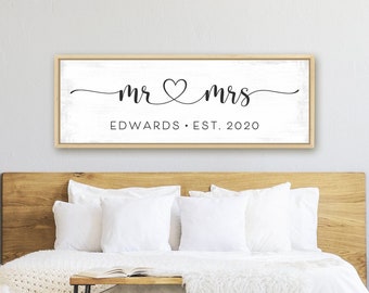 Custom Mr & Mrs Sign with Last Name for His and Hers Canvas Wall Art, Newlywed Marriage Est Date Gifts, Master Bedroom Above Bed Decor