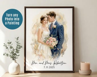 Watercolor Couple Portrait from Photo, Wedding Picture for Anniversary Present