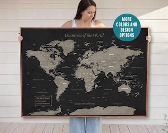 Personalized World Travel Map Push Pin Framed Canvas Wall Art