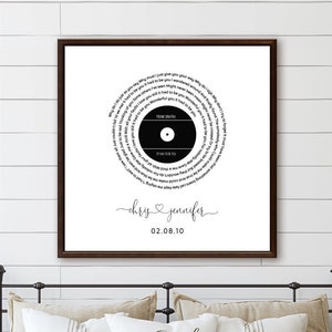 May include: A black and white printable wedding record design with a spiral of lyrics from the song "Stand By Me" by Ben E. King. The design includes the names "Chrissy & Jennifer" and the date "02.08.10".
