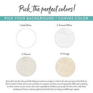 May include: Four different background color options for a canvas print: solid white, textured white, natural, and vintage. The text reads "Pick the perfect colors!" and "Pick your background/canvas color".