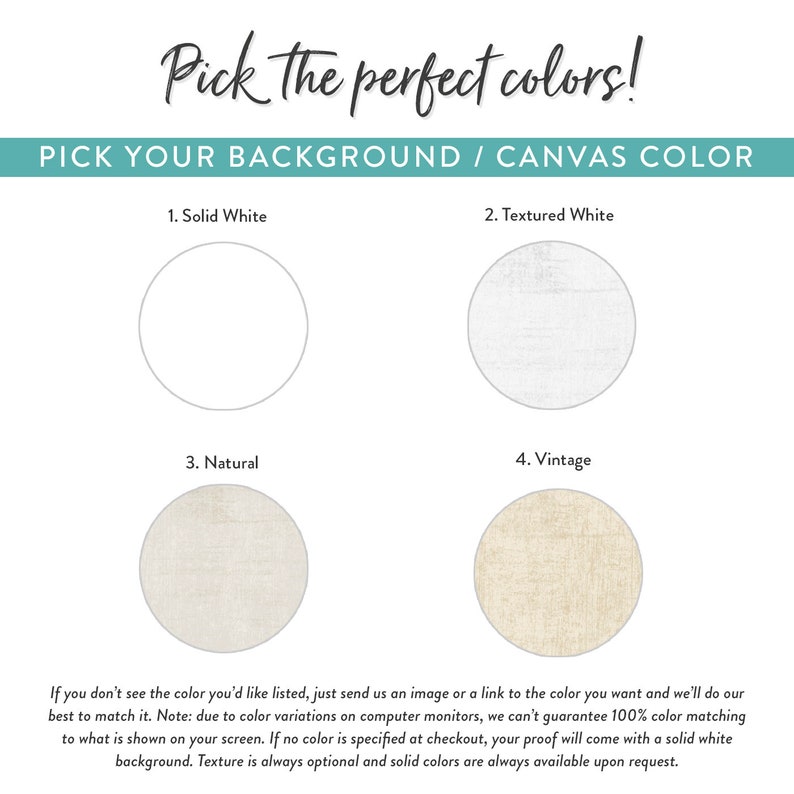 May include: Four different background color options for a canvas print: solid white, textured white, natural, and vintage. The text reads "Pick the perfect colors!" and "Pick your background/canvas color".