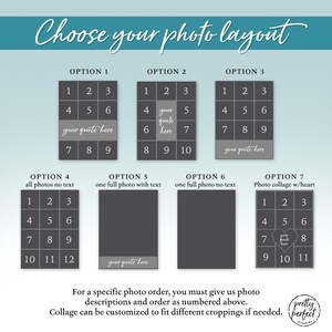 May include: A graphic showing 7 different photo layout options for a collage. Each option shows a numbered grid of photo spaces. Some options include a space for text. Option 7 includes a heart shape in the photo grid.