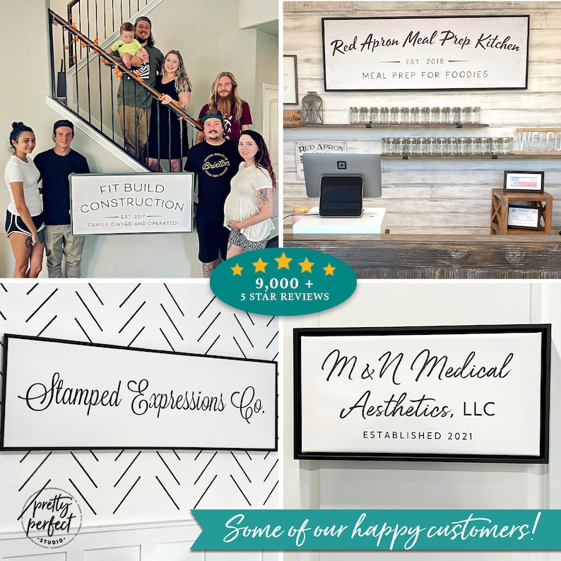 Customer review image with personalized indoor business sign and company wall art signage.