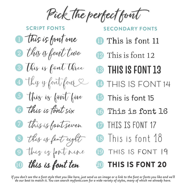 May include: A chart with 20 different font styles, labeled "Script Fonts" and "Secondary Fonts". Each font style is numbered and shows the text "this is font one" through "this is font ten" and "This is font 11" through "This is font 20".