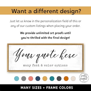 Puede incluir: Un letrero rectangular con marco de madera clara que presenta el texto "Your quote here" en letra cursiva negra y "many font & color options" en fuente de m&aacute;quina de escribir negra. Debajo hay nueve c&iacute;rculos de colores y el texto "MANY SIZES + FRAME COLORS".