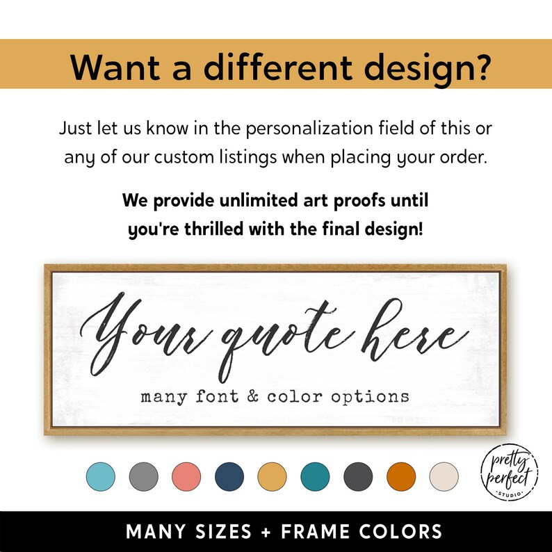 Puede incluir: Un letrero rectangular con marco de madera clara que presenta el texto "Your quote here" en letra cursiva negra y "many font & color options" en fuente de m&aacute;quina de escribir negra. Debajo hay nueve c&iacute;rculos de colores y el texto "MANY SIZES + FRAME COLORS".