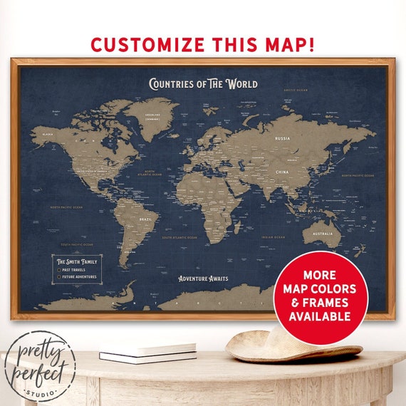 Canvas World Travel Map Push Pin World Map Custom Framed - Etsy
