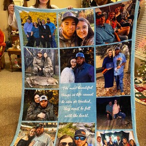 May include: A blue fleece blanket with a collage of photos of people and a quote that reads "The most beautiful things in life cannot be seen or touched, they must be felt with the heart."