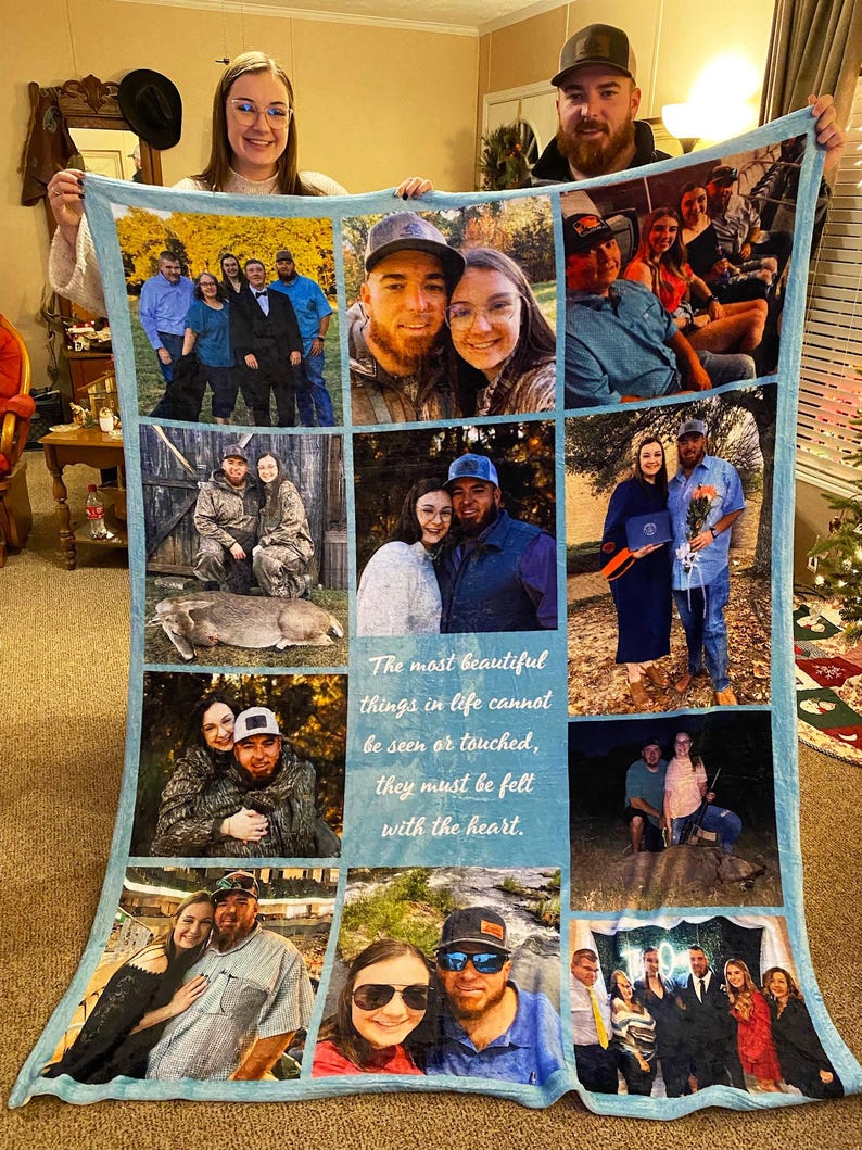 May include: A blue fleece blanket with a collage of photos of people and a quote that reads "The most beautiful things in life cannot be seen or touched, they must be felt with the heart."