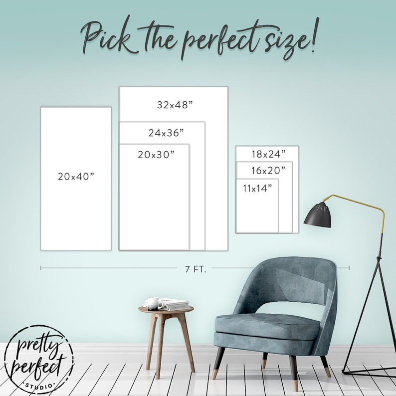 May include: A guide to choosing the perfect size for a canvas print. The image shows six different sizes of canvas prints, ranging from 11x14 inches to 32x48 inches. The prints are displayed on a light blue wall with a white wood floor. A chair and a side table are also shown in the image.