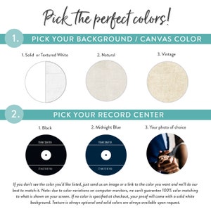 May include: A guide to choosing the perfect colors for a custom vinyl record.  The image shows three background options: solid or textured white, natural, and vintage.  The record center options include black, midnight blue, or your own photo.