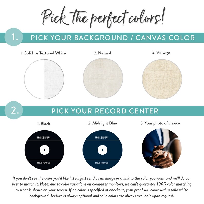 May include: A guide to choosing the perfect colors for a custom vinyl record.  The image shows three background options: solid or textured white, natural, and vintage.  The record center options include black, midnight blue, or your own photo.