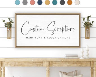 May include: A rectangular wall sign with a light wood frame and white background featuring the black text Custom Script and the text MANY FONT & COLOR OPTIONS. Above the sign are eight colored circles and the text MANY SIZES + FRAME COLORS.