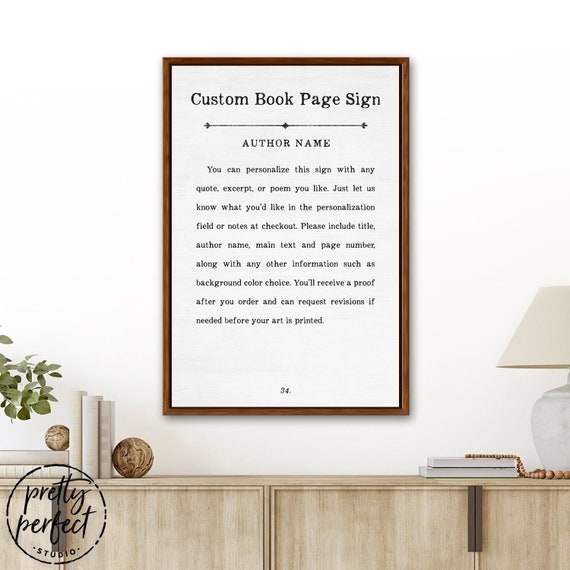 Custom Book Quote, Book Page Sign Book Page Print, Customizable Book Page,  Author Writer Quote, Book Page Wall Art, Framed Poem, Book Page 