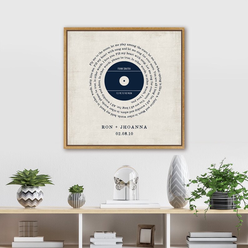 May include: A navy blue vinyl record with the song "Fly Me to the Moon" by Frank Sinatra. The record is surrounded by lyrics from the song. The text "RON + JHOANNA 02.08.10" is printed below the record.