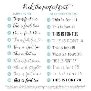 May include: A chart with 20 different font styles, labeled "Script Fonts" and "Secondary Fonts". Each font style is numbered and shows the text "this is font one" through "this is font ten" and "This is font 11" through "This is font 20".
