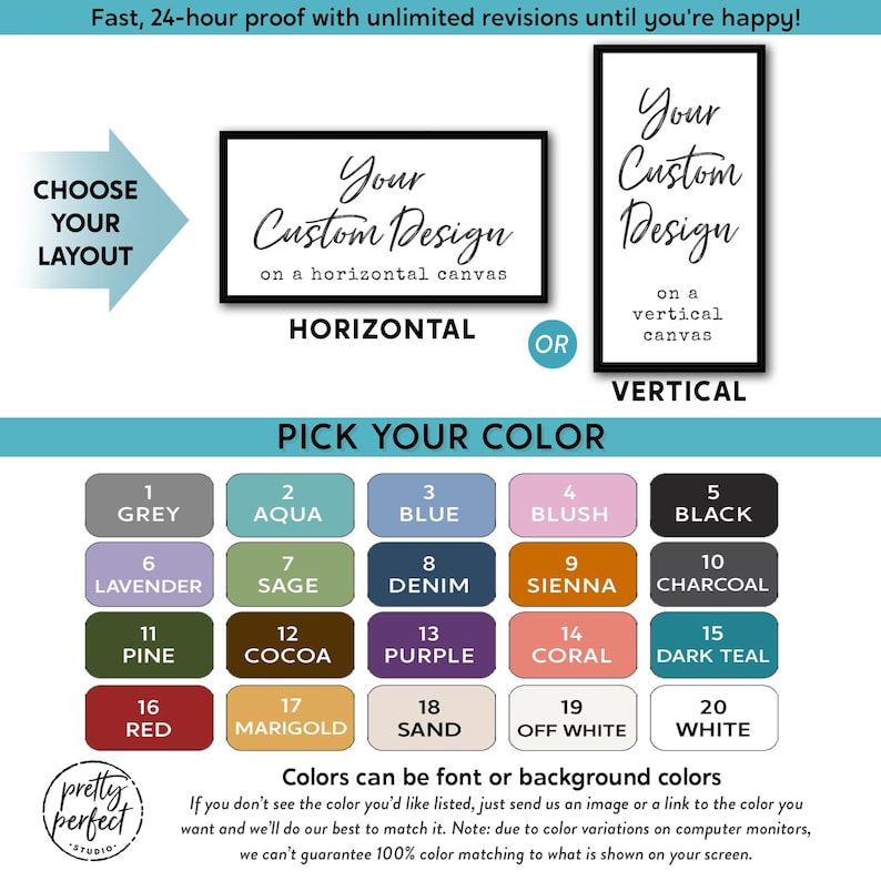 Canvas orientation and color font or background options for custom indoor business signs and company signs designed as office wall art for business interiors.