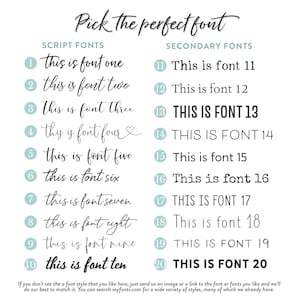 May include: A chart with 20 different font styles, labeled "Script Fonts" and "Secondary Fonts". Each font style is numbered and shows the text "this is font one" through "this is font ten" and "This is font 11" through "This is font 20".