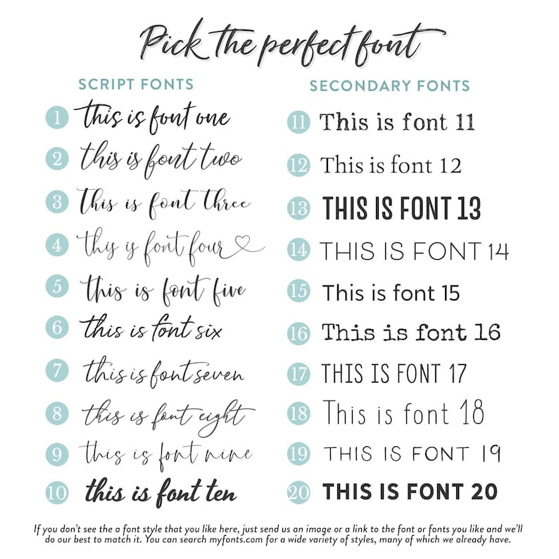 May include: A chart with 20 different font styles, labeled "Script Fonts" and "Secondary Fonts". Each font style is numbered and shows the text "this is font one" through "this is font ten" and "This is font 11" through "This is font 20".