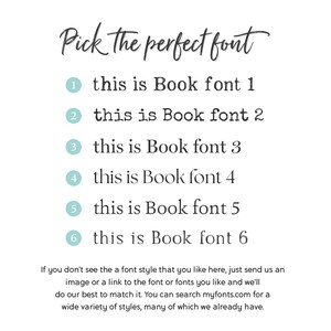 Puede incluir: Una gu&iacute;a de selecci&oacute;n de fuentes con el t&iacute;tulo Pick the perfect font, seguida de una lista numerada del 1 al 6, mostrando el texto this is Book font en una tipograf&iacute;a &uacute;nica. La parte inferior incluye instrucciones para solicitudes personalizadas.