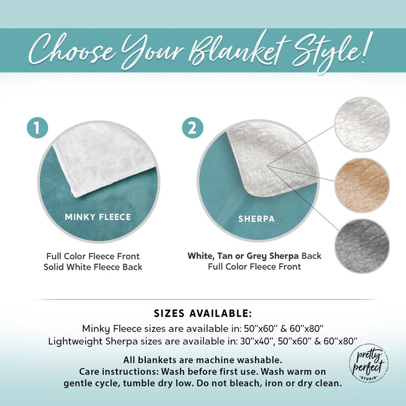 May include: Choose your blanket style!  Two options are shown: Minky Fleece, which is full color fleece on the front and solid white fleece on the back, and Sherpa, which is white, tan, or grey sherpa on the back and full color fleece on the front. All blankets are machine washable.  Care instructions: Wash before first use. Wash warm on gentle cycle, tumble dry low. Do not bleach, iron, or dry clean.