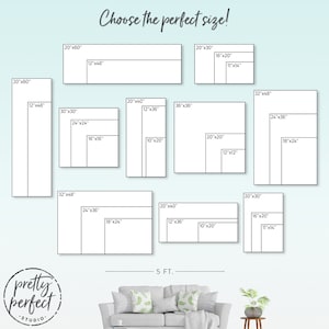 Op de afbeelding: Een grafiek die verschillende formaten canvasprints laat zien, vari&euml;rend van 25,4 cm bij 50,8 cm tot 91,4 cm bij 91,4 cm. De grafiek is gelabeld met de afmetingen van elk formaat in inches. De grafiek bevindt zich op een lichtblauwe achtergrond met een witte bank en een kleine tafel in de rechterbenedenhoek.