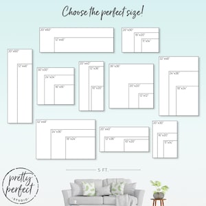 May include: A chart showing different sizes of canvas prints, ranging from 10 inches by 20 inches to 36 inches by 36 inches. The chart is labeled with the dimensions of each size in inches. The text "Choose the perfect size!" is at the top of the chart. The chart is on a light blue background.