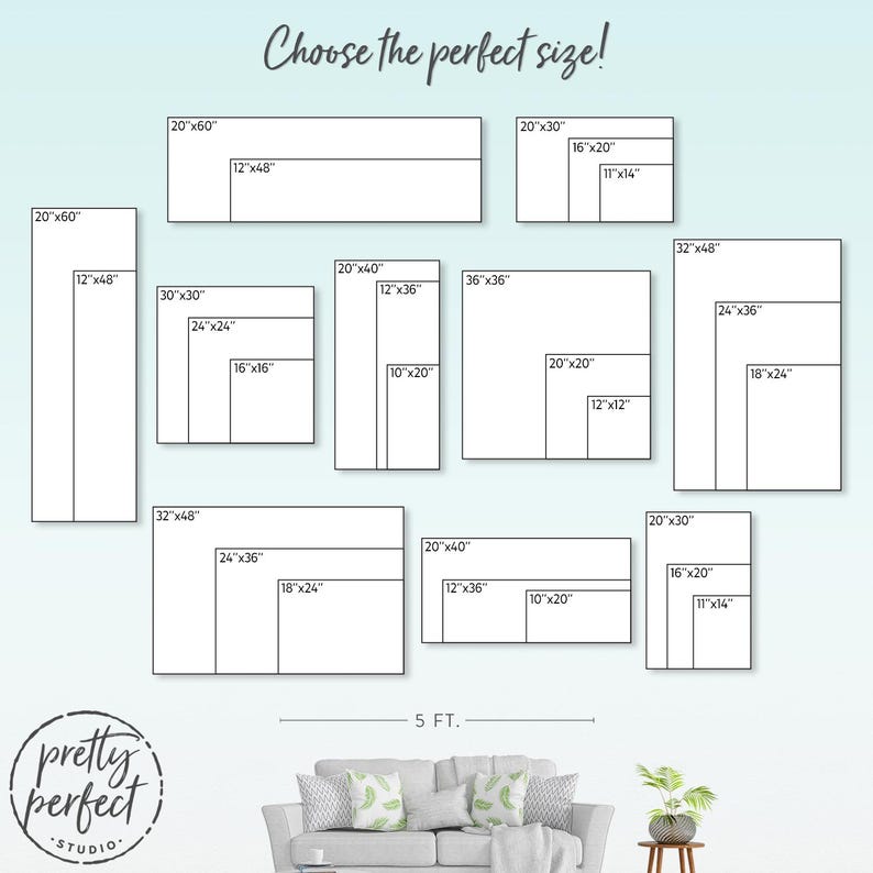 May include: A chart showing different sizes of canvas prints, ranging from 10 inches by 20 inches to 36 inches by 36 inches. The chart is labeled with the dimensions of each size in inches. The text "Choose the perfect size!" is at the top of the chart. The chart is on a light blue background.
