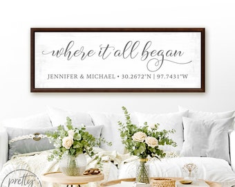 May include: A wooden sign with the text "where it all began" in cursive script. Below the text is the names "Jennifer & Michael" and the coordinates "30.2672°N | 97.7431°W".