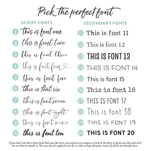 Puede incluir: Una tabla de selecci&oacute;n de fuentes titulada Pick the perfect font, con dos columnas llamadas Script Fonts y Secondary Fonts. Enumera veinte opciones numeradas, cada una mostrando el texto this is font seguido de su n&uacute;mero correspondiente.