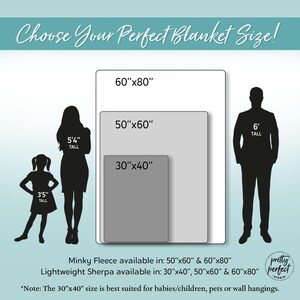 May include: Diagram showing three different blanket sizes with silhouettes of people to help visualize the size. Minky Fleece Sizes are available in 50"x60", and 60"x80". Sherpa Sizes are available in  30"x40", 50"x60", and 60"x80". The text "Note: The 30"x40" size is best suited for babies/children, pets or wall hangings." is at the bottom of the image.