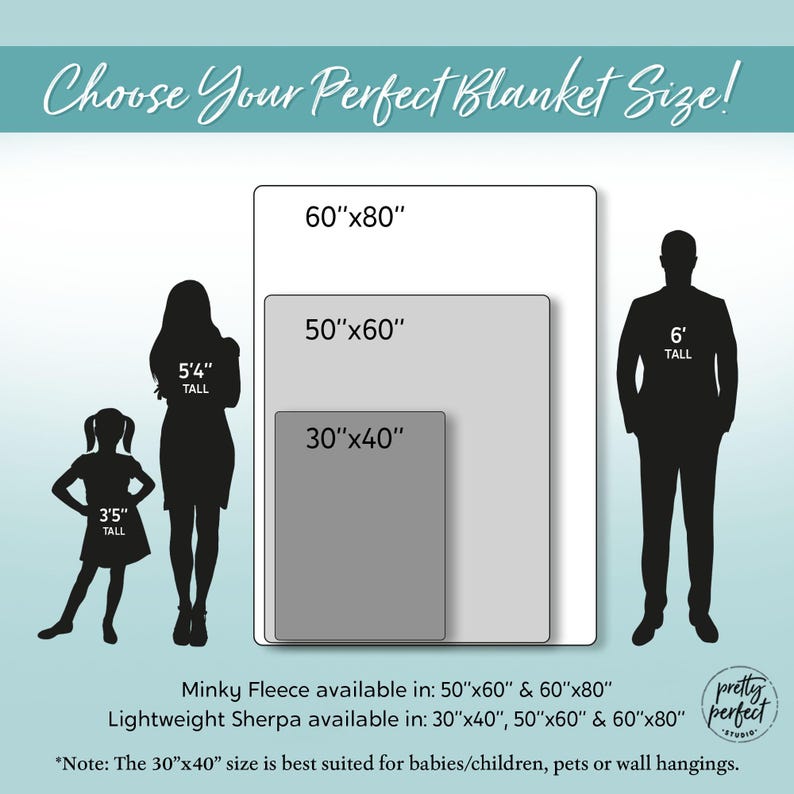 May include: Diagram showing three different blanket sizes with silhouettes of people to help visualize the size. Minky Fleece Sizes are available in 50"x60", and 60"x80". Sherpa Sizes are available in  30"x40", 50"x60", and 60"x80". The text "Note: The 30"x40" size is best suited for babies/children, pets or wall hangings." is at the bottom of the image.