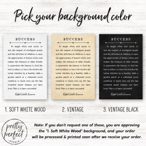 May include: Three printable quote cards with a vintage aesthetic. The cards feature a quote by Ralph Waldo Emerson about success. The cards are available in three background colors: soft white wood, vintage, and vintage black.