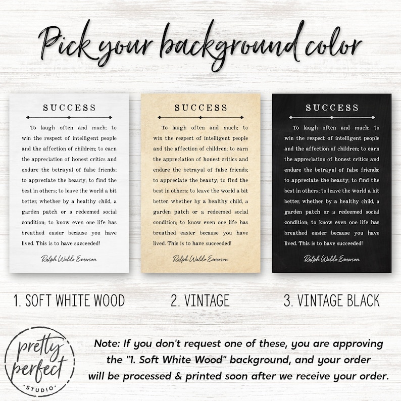 May include: Three printable quote cards with a vintage aesthetic. The cards feature a quote by Ralph Waldo Emerson about success. The cards are available in three background colors: soft white wood, vintage, and vintage black.