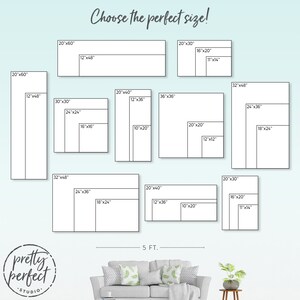 May include: A chart showing different sizes of canvas prints, ranging from 10 inches by 20 inches to 36 inches by 36 inches. The chart is labeled with the dimensions of each size in inches. The chart is on a light blue background with a white couch and a small table in the bottom right corner.
