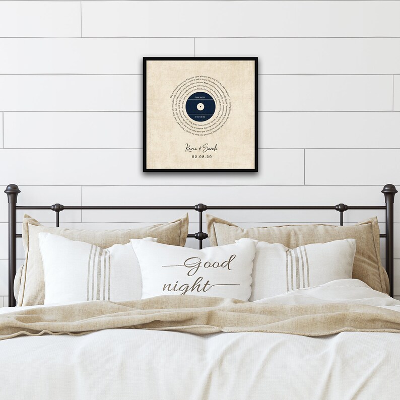 May include: A framed print of a navy blue vinyl record with a white label. The record is surrounded by concentric circles of text, which are the lyrics to a song. The text at the bottom of the print reads "Kena & Sarah 02.08.20".