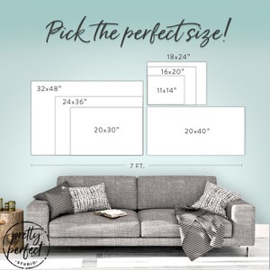 May include: A graphic showing different sizes of canvas prints, with measurements in inches, for a couch in a living room. The text "Pick the perfect size!" is at the top of the graphic.