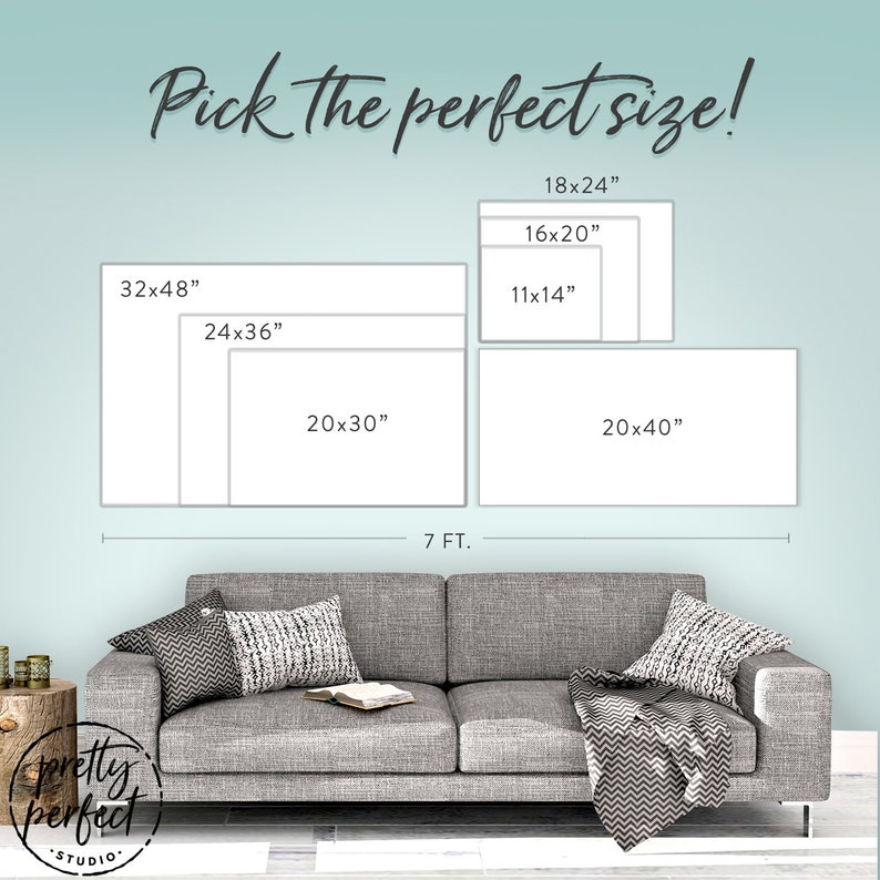 May include: A graphic showing different sizes of canvas prints, with measurements in inches, for a couch in a living room. The text "Pick the perfect size!" is at the top of the graphic.