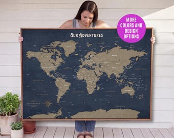 Canvas World Travel Map | Push Pin World Map Custom, Framed World Maps on Canvas | Personalized Push Pin World Map, Brown and Blue World Map