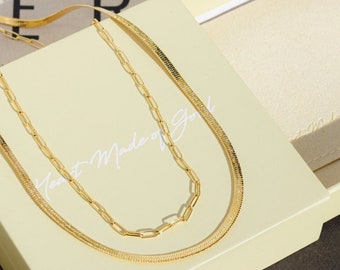 Gold Necklaces for Women 14K Gold Necklace Set Jewelry Set Herringbone Necklace Paperclip Gold Mom Gift for Her