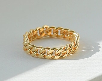 Anillo de cadena de oro de 18 quilates, anillo apilable de oro, anillo de cadena gruesa, anillo de cadena de eslabones, anillo llamativo, anillo delicado, regalo para el Día de la Madre, regalo para mamá, regalo para ella.