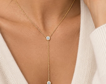 14k Gold Filled Diamond Bezel Lariat Necklace, Dainty Solitaire Y Necklace for Women, Minimalist Layering Jewelry, Gifts for Her