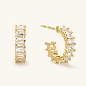 18k Gold Hoop Earrings Small Hoop Earrings Baguette Earrings Diamond Earrings Statement Earrings Huggie Hoop Earrings Mom Gift for Her