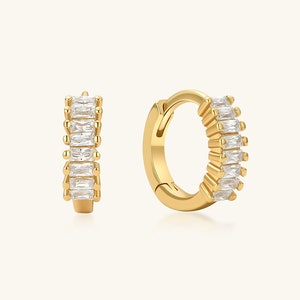 18K Small Hoop Earrings Gold Earrings Gold Hoop Earrings Huggie Earrings Baguette Gold Hoops Diamond Earrings Mom Gift for Her