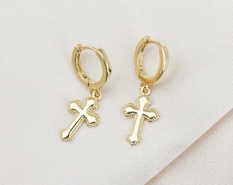 18K Gold Cross Earrings Gold Hoop Earrings Small Hoop Earrings Dangle Earrings for Women Cross Hoops Gold Earrings Mom Gift for Her