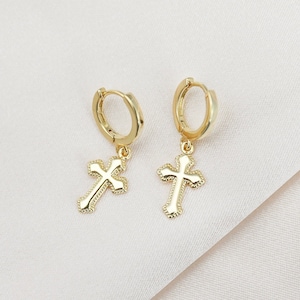 18K Gold Cross Earrings Gold Hoop Earrings Small Hoop Earrings Dangle Earrings for Women Cross Hoops Gold Earrings Mom Gift for Her